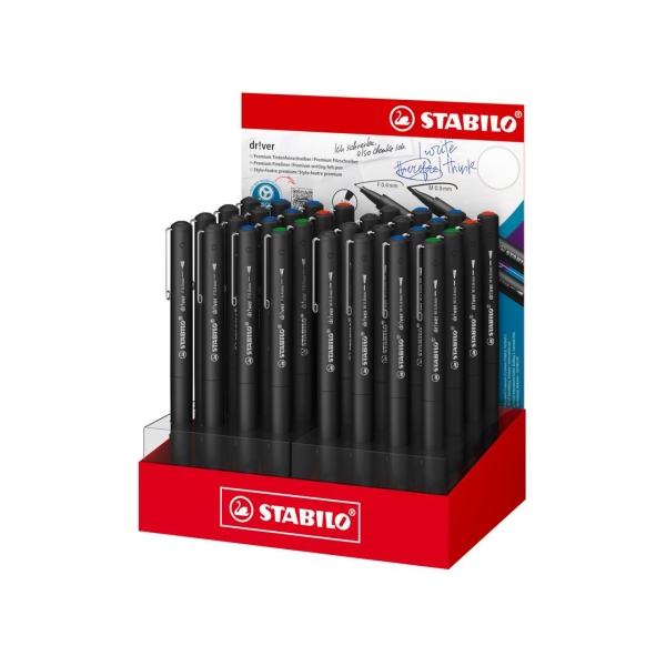 Stabilo Dr!ver Expositor con 32 Rotuladores Surtidos de Punta Media 0.8mm y Fina 0.4mm - Tinta a Prueba de Manchas, Inodora y con Base al Agua - Fabricado con 94% de Bioplastico - Colores Su