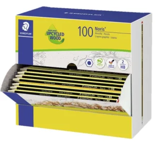 Staedtler Noris 120-2 Expositor con 100 Lapices de Grafito Hexagonal HB - Mina Ultrarresistente de 2mm - Madera de Bosques Sostenibles