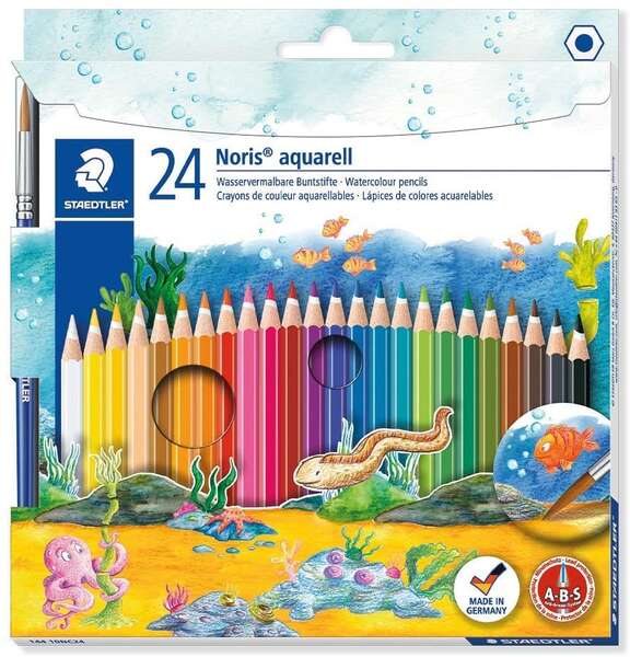 Staedtler Noris Aquarell Pack de 24 Lapices Hexagonales de Colores + Pincel - Refuerzo de Mina para Mayor Resistencia a la Rotura - Madera de Bosques Sostenibles - Colores Surtidos