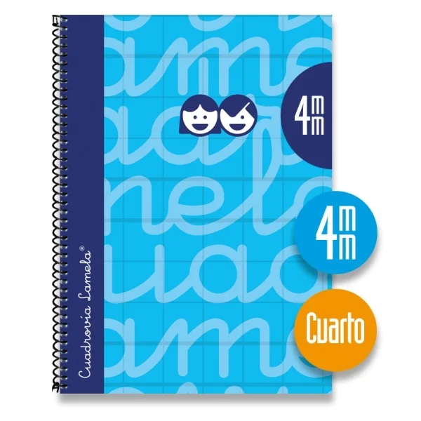 Lamela Cuaderno Espiral con 80 Hojas de 70g/m2 con Margen - Formato Cuarto - Pauta Cuadrovia de 4mm - Cubierta Extra Dura - Papel Offset Blanco Extra - Color Azul