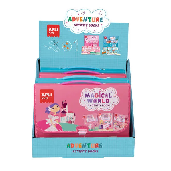 Apli Expositor Activity Books de 6 Unidades - 2 Tematicas: el Mundo Magico y Piratas - 3 Libros con Hojas Plastificadas y Actividades Variadas - Rotulador Reutilizable - Ideal para Actividades Educativas - Color Azul