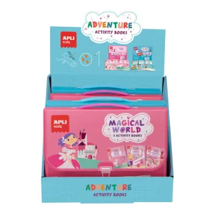 Apli Expositor Activity Books de 6 Unidades - 2 Tematicas: el Mundo Magico y Piratas - 3 Libros con Hojas Plastificadas y Actividades Variadas - Rotulador Reutilizable - Ideal para Actividad