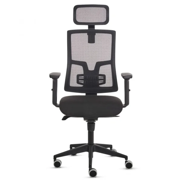 Fellowes Eleganza Plus Silla de Oficina - Respaldo de Malla Transpirable Ajustable en Altura - Soporte Lumbar Ajustable y Reposacabezas - Reposabrazos Acolchados 2D - Ajuste por Elevacion de Gas - Tejido Ignifugo y Ruedas de 65mm - Color Negro