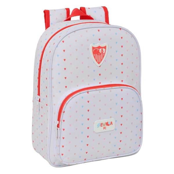 Safta Sevilla FC Preescolar Mochila Infantil - Portabotellas - Bolsillo Frontal - Adaptable a Carro - Hombreras Acolchadas - 26x34x11cm - Color Blanco y Rojo
