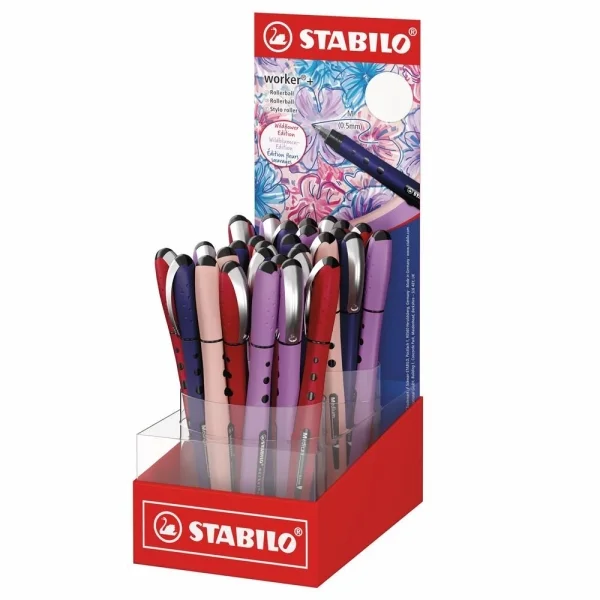 Stabilo Worker+ Naturecolors Wildflower Expositor con 30 Boligrafos de Tinta Liquida - Trazo 0.5mm - Escritura Suave y Precisa - Tinta Color Azul - Cuerpo Entero de Caucho
