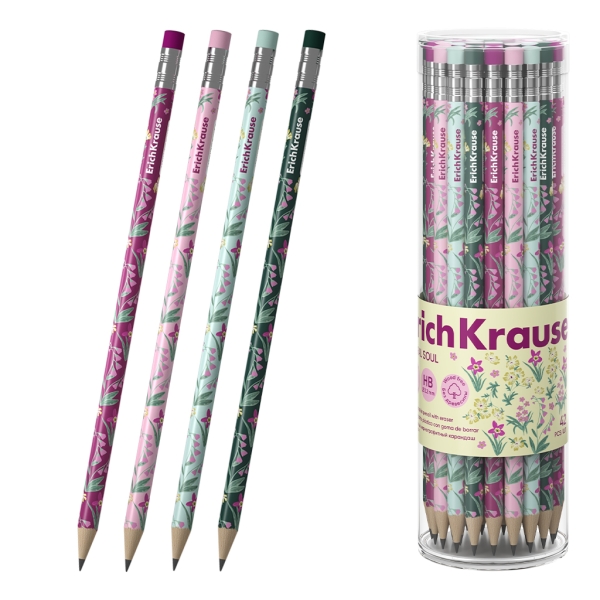 ErichKrause Floral Soul Lapiz de Grafito con Goma de Borrar - Mina HB - Cuerpo Redondo - Plastico - Agarre Ergonomico - Colores Surtidos · Pack de 42 uds.