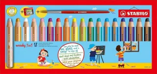 Stabilo Woody 3 en 1 Pack de 18 Lapices de Colores + Sacapuntas + Pincel Nº 8 - Lapiz de Color, Cera y Acuarela, Todo en Uno - Mina XXL 10mm - Colores Surtidos