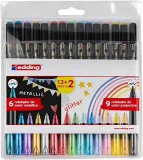 Edding 1200 Metallic and Glitter Pack de 15 Rotuladores - Punta Redonda - Trazo Metallic 1-3mm, Glitter 3mm - Tinta con Base de Agua - Colores Metalicos y Glitter