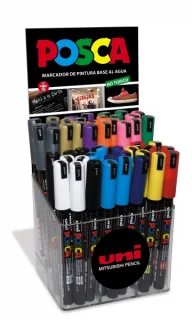 Posca PC-1MR Expositor de 48 Marcadores de Pintura - Punta Roller de Fibra 0.7mm - Tinta Pigmentada Base al Agua - Resistente a la Luz - Colores Surtidos