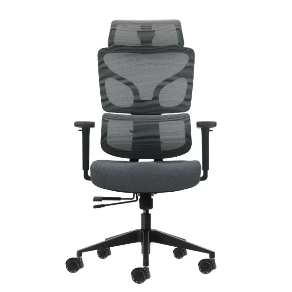 Oqonos Cherg 011 Silla de Oficina Ergonomica con Reposacabezas Cervical Ajustable, Respaldo y Asiento de Malla Elastica, Reposabrazos 4D, Asiento Deslizable Ergonomico Moldeado y Ruedas de Silicona - Gris con Estructura Negra