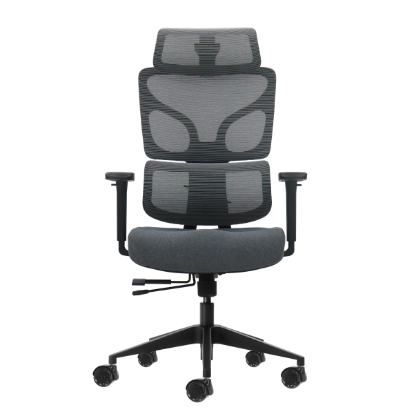 Oqonos Cherg 011 Silla de Oficina Ergonomica con Reposacabezas Cervical Ajustable, Respaldo y Asiento de Malla Elastica, Reposabrazos 4D, Asiento Deslizable Ergonomico Moldeado y Ruedas de Silicona - Gris con Estructura Negra