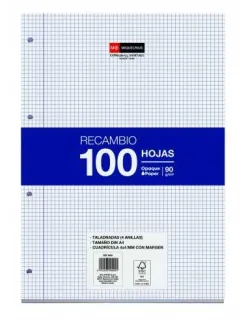 Miquel Rius Recambio Formato A4 - 100 Hojas Sueltas de 90gr con 4 Taladros - Cuadricula 4x4 con Margen