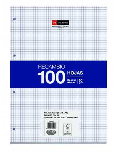 Miquel Rius Recambio Formato A4 - 100 Hojas Sueltas de 90gr con 4 Taladros - Cuadricula 4x4 con Margen