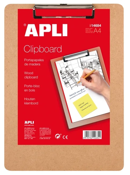 Apli Carpeta Sujetapapeles con Base de Madera y Pinza Metalica - Formato A4
