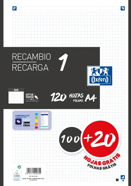 Oxford School Recambio A4 120 Hojas Cuadricula 5x5mm - 4 Taladros - Banda de Color Negro
