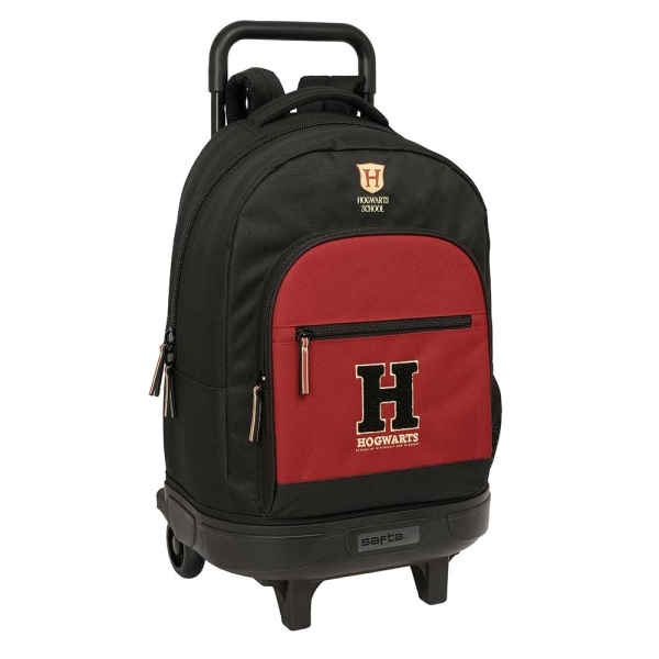 Safta Harry Potter Hogwarts Mochila con Carro - Extraible - 33L - Portabotellas - Tarjeta de Identificacion Personal - Doble Tirador - Asa de Mano - Bolsillo Frontal - 33x45x22cm - Color Negro y Rojo