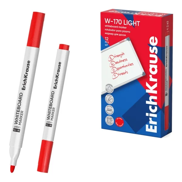 ErichKrause W-170 Light Rotulador para Pizarra Blanca - Facil de Borrar - Punta Conica - Trazo de 2.5mm - Secado Rapido - Cuerpo Triangular - Color Rojo · Pack de 12 uds.