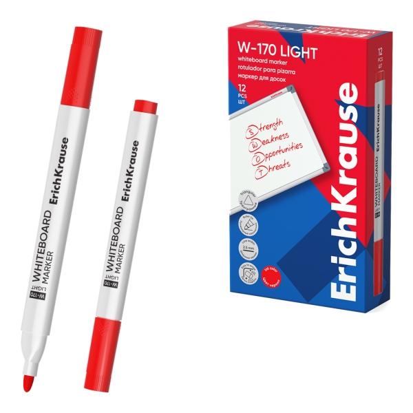 ErichKrause W-170 Light Rotulador para Pizarra Blanca - Facil de Borrar - Punta Conica - Trazo de 2.5mm - Secado Rapido - Cuerpo Triangular - Color Rojo · Pack de 12 uds.