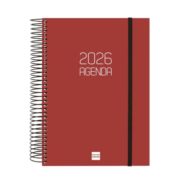 Finocam Opaque Agenda de Espiral - Anual 2026 - Tapa Ligera - Cierre con Goma Elastica - Formato E10 - 175x29x212mm - 1 Dia por Pagina - Color Burdeos