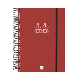 Finocam Opaque Agenda de Espiral - Anual 2026 - Tapa Ligera - Cierre con Goma Elastica - Formato E10 - 175x29x212mm - 1 Dia por Pagina - Color Burdeos