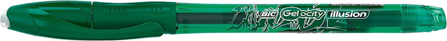 Bic Gel-ocity Illusion Boligrafo de Tinta Gel Borrable - Punta Media de 0.7mm - Recargable - Grip de Goma - Clip de Plastico - Color Verde · Pack de 12 uds.