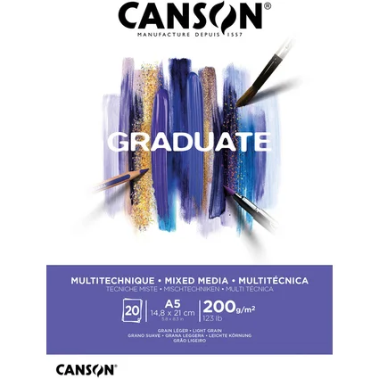 Canson Graduate Mix Media Bloc Encolado de 20 Hojas A5 de 200g - Grano Fino - Color Blanco