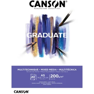 Canson Graduate Mix Media Bloc Encolado de 20 Hojas A5 de 200g - Grano Fino - Color Blanco
