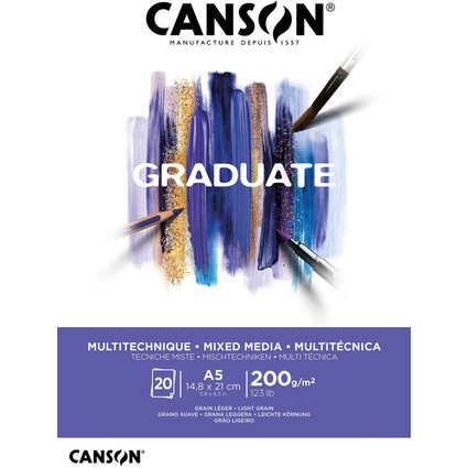 Canson Graduate Mix Media Bloc Encolado de 20 Hojas A5 de 200g - Grano Fino - Color Blanco
