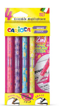 Carioca Memo Erase 2 en 1 Pack con 4 Rotuladores - Una Punta Subraya y la otra Borra el Color - Colores Surtidos