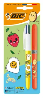 Bic 4 Colours Decors Kawaii Pack con 1 Boligrafo de Bola Retractil + 1 Marcador Highlighter Grip Fluor de Color Aleatorio - Punta Media de 1.0mm - Tinta con Base de Aceite - Cuerpo Decorado
