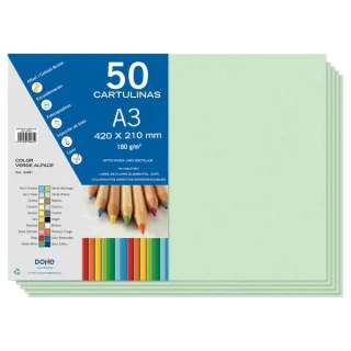 Dohe Pack de 50 Cartulinas A3 de 180gr - Con PH Neutro - Libres de Cloro Elemental - Color Verde Alface