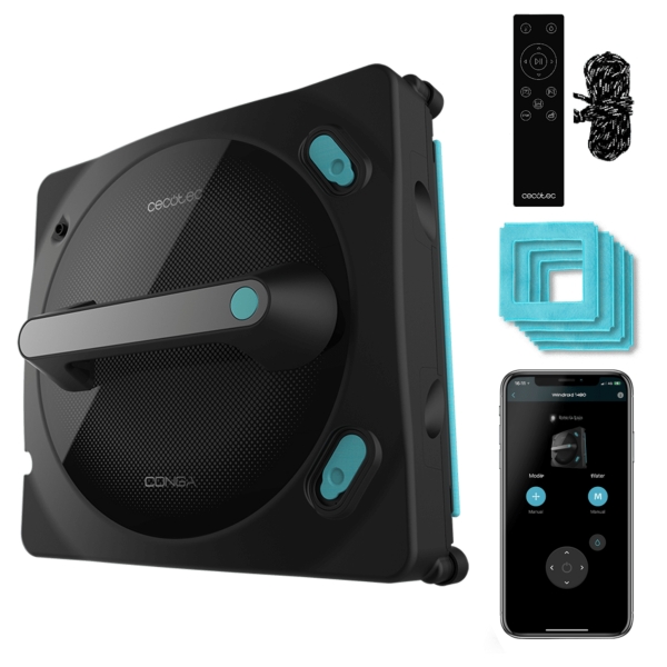 Cecotec Conga Windroid 1490 TwerkingSpray Connected Robot Limpiacristales - Multisuperficie - 8 Modos - Doble Spray - Control Via App y Mando - Alcance de 7m - Cuerda de Seguridad - Color Ne