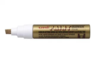 Uni-ball PX-30 Marcador de Pintura - Punta Biselada Acrilica 4-8.5mm - Linea Gruesa - Cuerpo de Aluminio - Tinta Permanente Resistente a Luz y Agua - Color Oro · Pack de 6 uds.