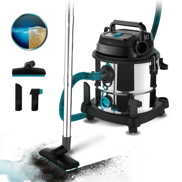 Cecotec Conga Rockstar Wet and Dry Steel Max Aspirador de Trineo para Solidos y Liquidos - 1400W - Deposito 20L - Funcion de Soplado - Filtros Duales - Ruedas de Goma - Acero Inoxidable