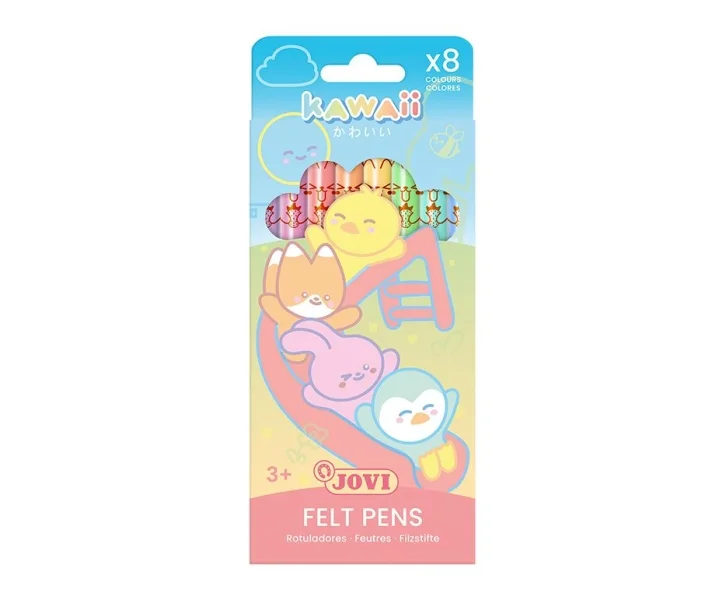 Jovi Kawaii Felt Pens Pack con 8 Rotuladores Punta Media de 3mm - Capuchon de Seguridad Ventilado - Grip Triangular Ergonomico - Colores Surtidos
