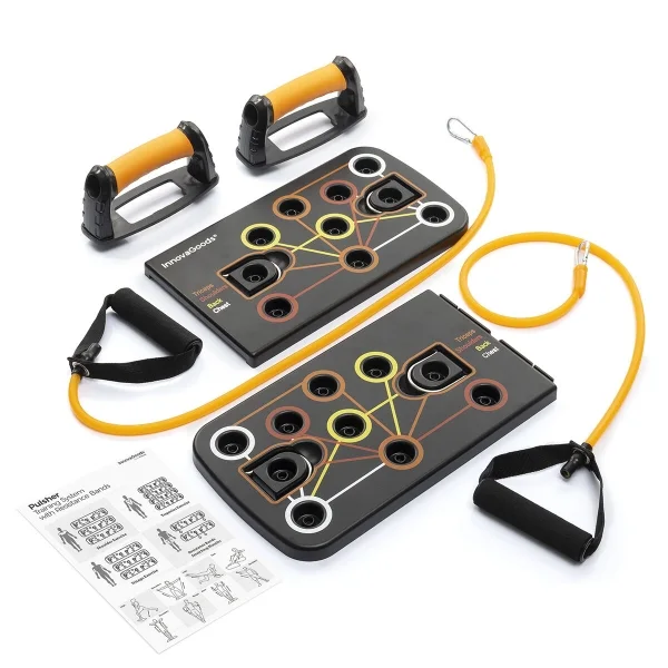 Innovagoods Pulsher Set de Entrenamiento con Bandas de Resistencia - Guia de Ejercicios - Desmontable - Antideslizante - Soporta hasta 100kg - 67x19x2cm - Color Negro y Amarillo