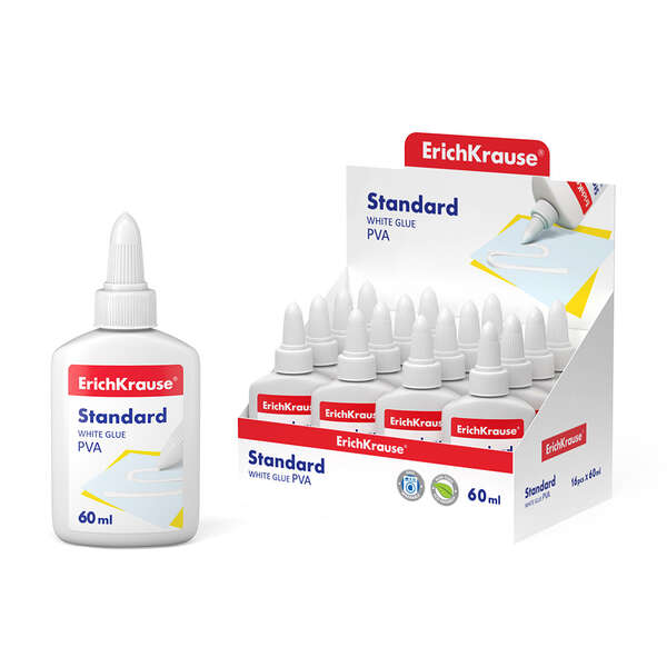 Erichkrause Cola Blanca PVA Standard 60ml - Aplicador Autolimpiante - Regulador de Intensidad - No Toxico - Resistente al Frio - Color Blanco · Pack de 16 uds.