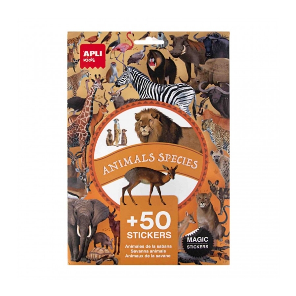 Apli Pack de 50 Pegatinas Removibles de Animales Sabana - Desarrolla Psicomotricidad Fina - Imagenes Realistas