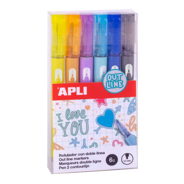 Apli Rotuladores Doble Linea - 5.5mm - Base de Alcohol - Pack 6 Colores - Escritura Interior Plata con Contorno de Color - Ideal para Decoracion - 4g de Tinta por Rotulador - Caja 70x135x15m