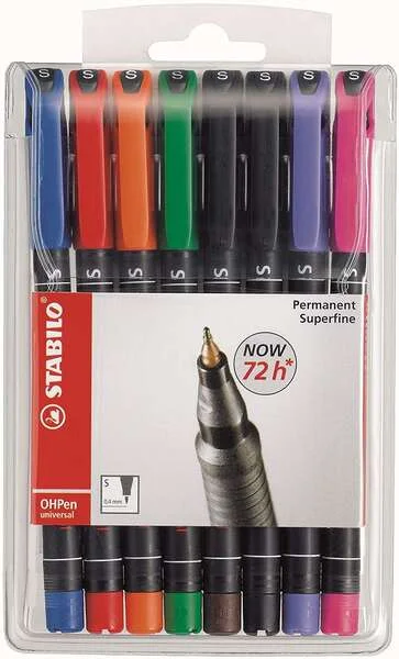 Stabilo OHPen Pack de 8 Rotuladores Permanentes - Punta Superfina - Trazo de 0.4mm - Agarre Antideslizante - Tapon Ventilado - Colores Surtidos