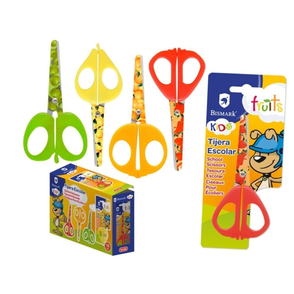 Bismark Kids Fruits Tijera Escolar 13cm - Hojas y Mangos Decorados con Frutas - Mangos en Plastico - Punta Roma - 4 Diseños Surtidos · Pack de 12 uds.