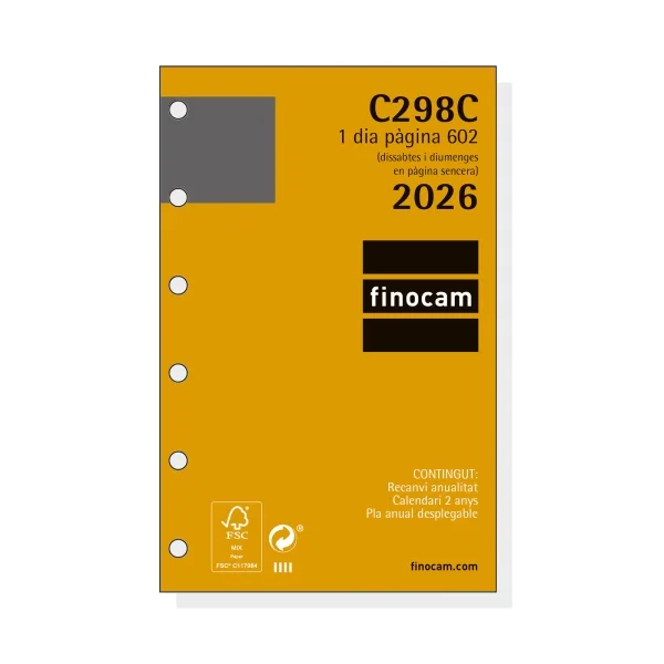 Finocam C298C Recambio para Agendas Classic en Catalan - Anual 2026 - Hojas Microperforadas - Formato 602 - 73x18x114mm - 1 Dia por Pagina - Color Blanco