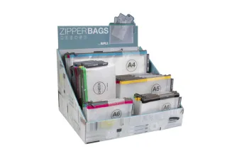 Apli Expositor de Zipper Bags - 80 Unidades en 4 Medidas Surtidas - 5 Colores Resistentes - Goma Eva Transparente de Alta Calidad