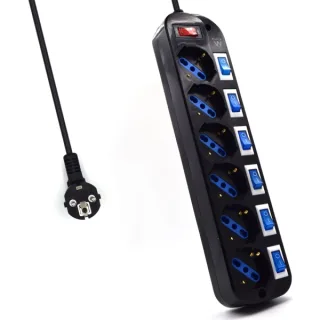 Ewent Regleta de 6 Tomas de Seguridad - 6x Schuko 16A - Proteccion contra Sobretension - Interruptor On/Off General e Individuales - Proteccion Infantil - Cable de 1.5m - Color Negro