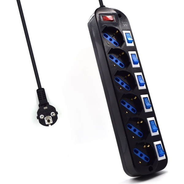 Ewent Regleta de 6 Tomas de Seguridad - 6x Schuko 16A - Proteccion contra Sobretension - Interruptor On/Off General e Individuales - Proteccion Infantil - Cable de 1.5m - Color Negro