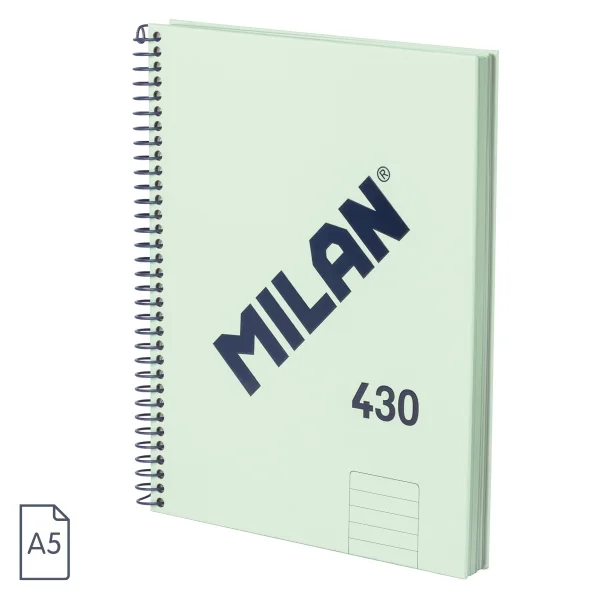 Milan 430 Since 1918 Cuaderno A5 con Espiral - Papel a Lineas de 7mm - 80 Hojas de 95g - Tapa Dura - Color Menta