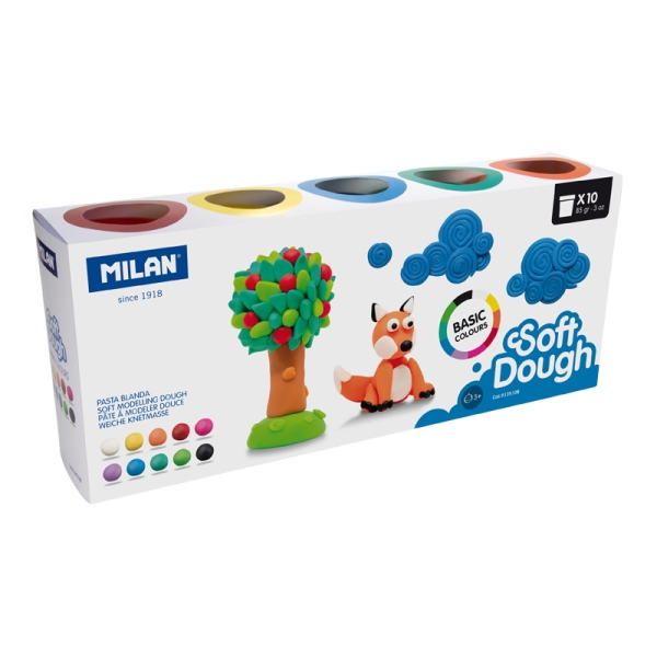 Milan Basic Soft Dough Pack de 10 Botes de Pasta Blanda - 100% Vegetal - Moldeable - Sin Residuos - Colores Mezclables - 85g por Unidad - Colores Surtidos