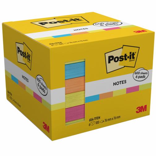 Post-It Pack de 6 Blocs de 100 Notas Adhesivas Reposicionables - Forma Cuadrada - 76x76mm - Colores Surtidos