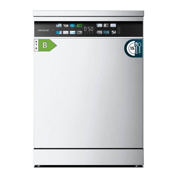 Cecotec Bolero Aguazero 6700 B Lavavajillas de 60cm - 15 Cubiertos - Seguro Infantil - Pantalla XXL - 8 Programas - Motor Inverter - Inicio Programable - Funcion Media Carga - Color Blanco