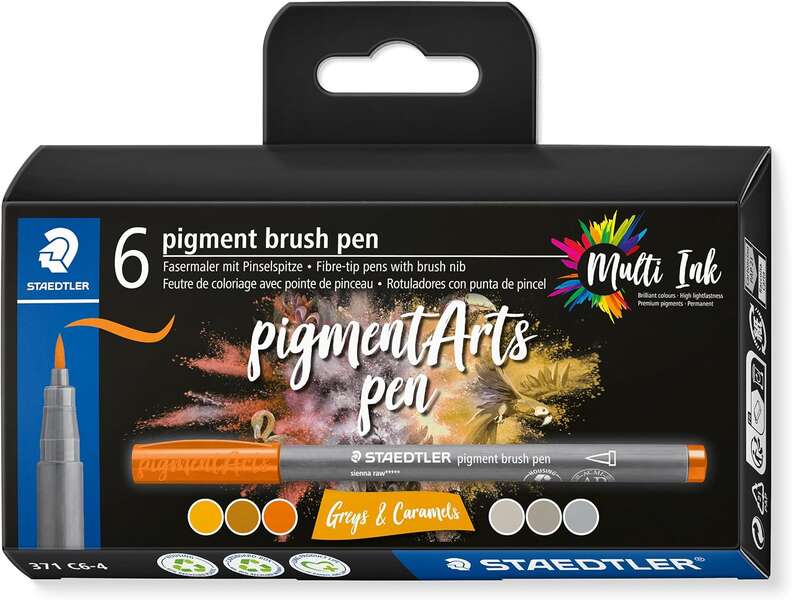 Staedtler 371 Pack de 6 Rotuladores Punta de Pincel Suave - Colores Vivos y Brillantes - No Amarillea con el Paso del Tiempo - Nueva Tinta Multi Ink - Pigmentos de Primera Calidad - Colores